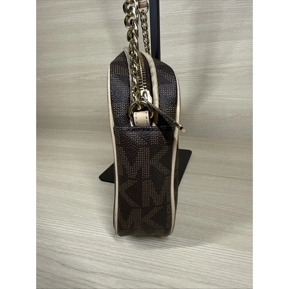 Michael Kors Brown Logo Saffiano Leather‎ Gold Chain Jet Set Small Crossbody